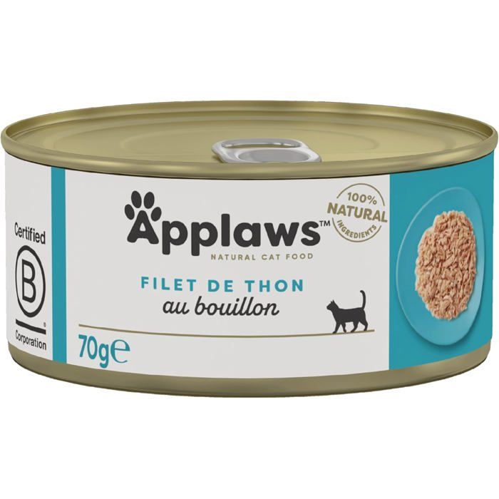 Nourriture humide pour chats - APPLAWS - Au bouillon de thon 70 g - 75% filet de thon - Sans ingrédients artificiels - Pack 24