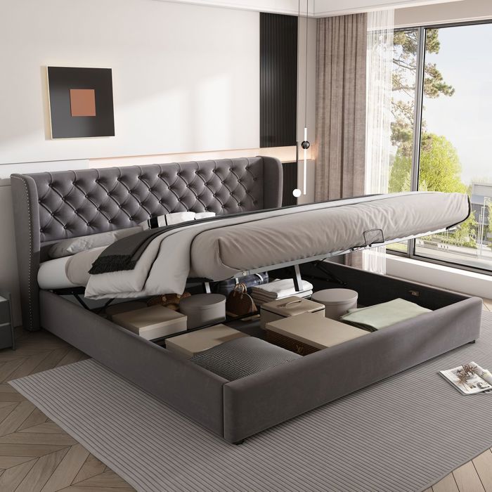 Lit coffre - SOGEU - Lit coffre capitonné 180 x 200 - Velours gris - Tête de lit réglable - Sommier à lattes inclus