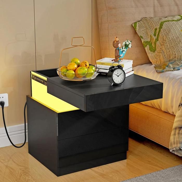 Table de Chevet PIPIPOXER Meuble de Chevet avec prise et lumière LED 2 titoirs et Le dessus peut poussé et tiré 45x40x52cm Noir