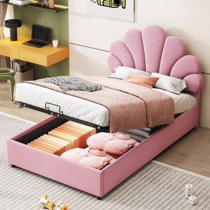 Lit - Rembourré hydraulique 90x200 - Velours rose - Sommier à lattes - Coffre de rangement