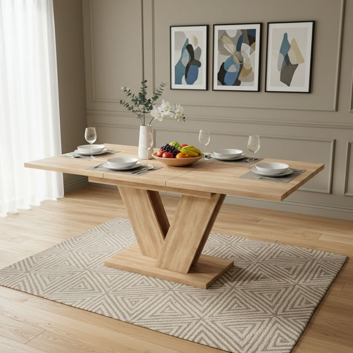 Table à manger extensible - 140/180x80 cm - 4-6 personnes - Pieds en forme de V - Chêne - MDF - Stable et robuste