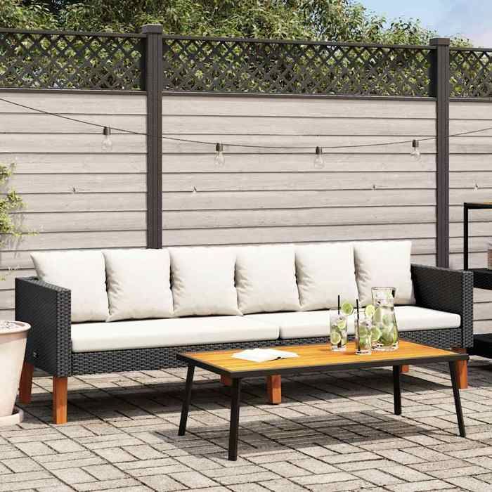 SOFA DE JARDIN/Salon bas de jardin Noir Magnifique Canapé de jardin à 3 places avec coussins Résine tressée Noir 218x67x60cm CL22745