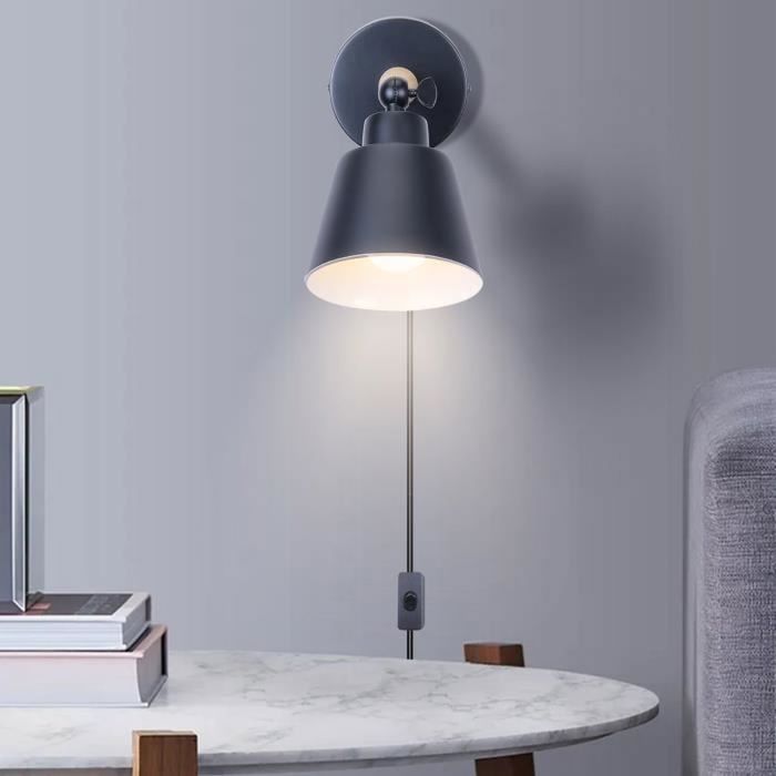 WOTTES Applique murale intérieure 1 pièces Noir Ø12cm lampe murale industrielle en bois pour Salon (Cordon de 1 8 m avec .