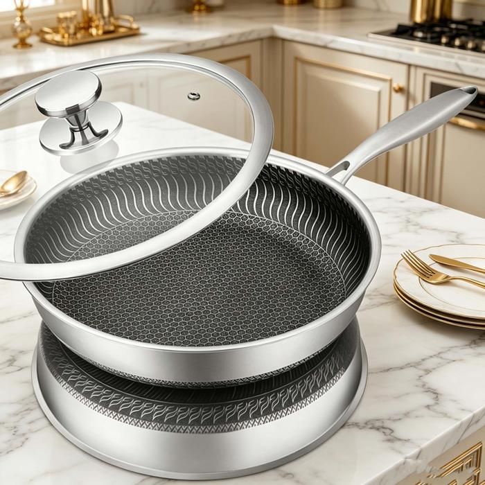 Poêle antiadhésive 30cm – Acier inoxydable – Antiadhésive durable – Compatible induction gaz céramique – Idéale famille