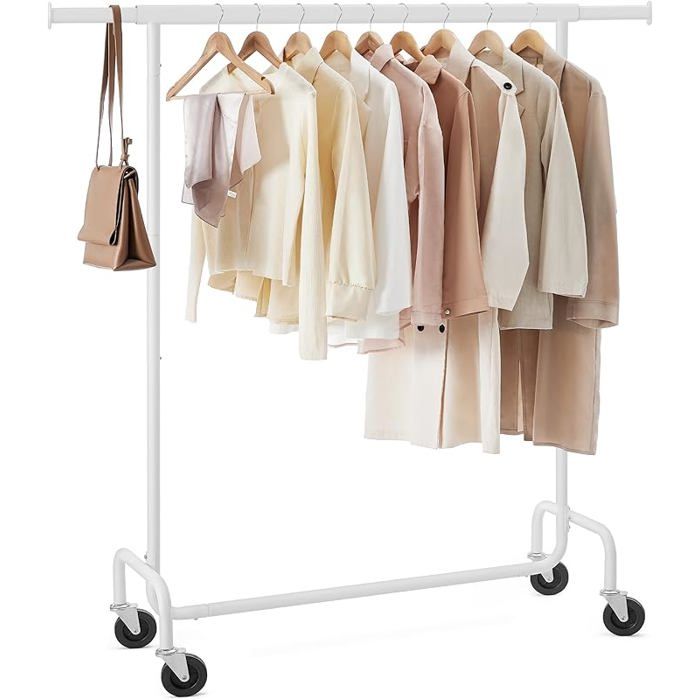 Portant à Vêtements avec roulettes Capacité de Charge 130 Blanc Mat (110-150)L cm Tringle Extensible pour Charge PENDERIE SOUPLE