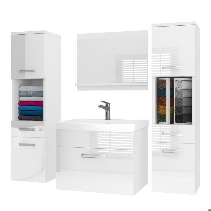 BELINI Meuble de Salle de Bain PRI P6 120 cm - Blanc Brillant - Meuble avec Vasque Céramique + Miroir avec Étagère - Suspendu