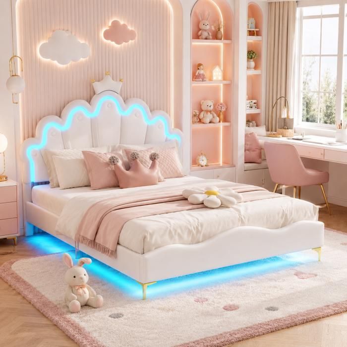 Lit Enfant 140x190 cm avec LED Lit Princesse Moulures de Couronne Tête de lit Réglable Lit Fille avec Sommier PU Blanc
