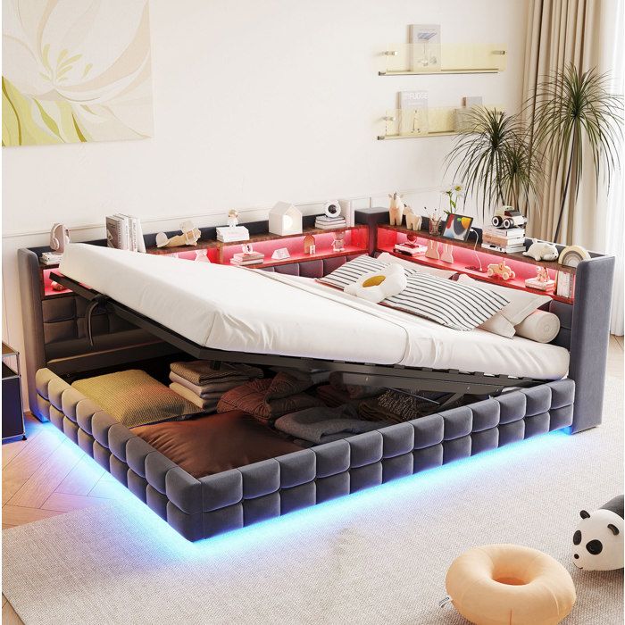 Lit rembourre 140 x 200 cm gris avec coffre hydraulique etageres integrees LED prise USB et USB-C