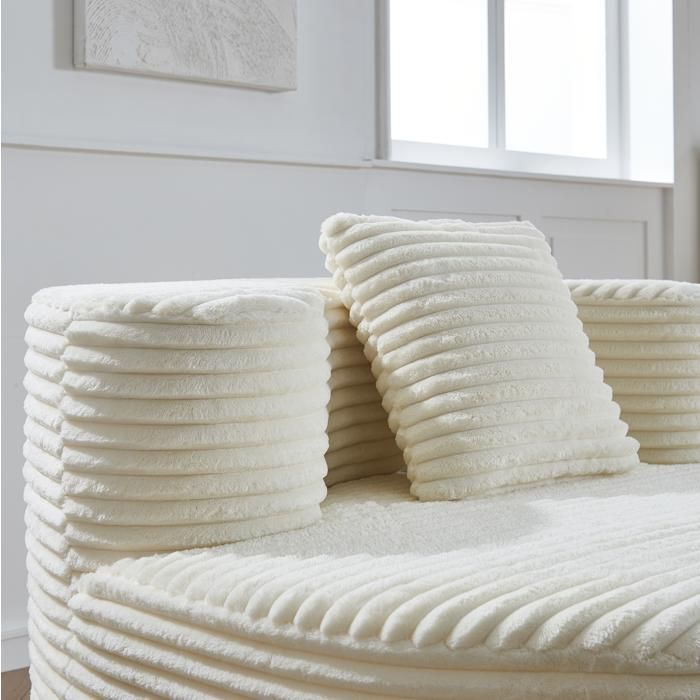Fauteuil pouf rond compressé sans montage avec coussin inclus - ELVMI - mousse haute densité tissu côtelé beige