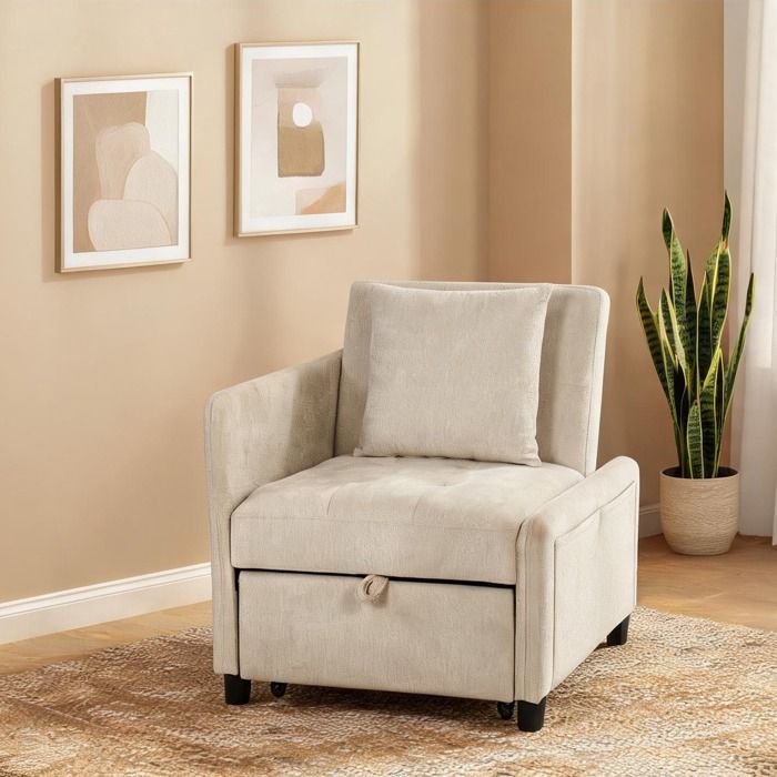 Sofa combining 5 cm and Beige Chenille (100 Polyester) with Fauteuil convertible 4-en-1 en chenille beige and L 89