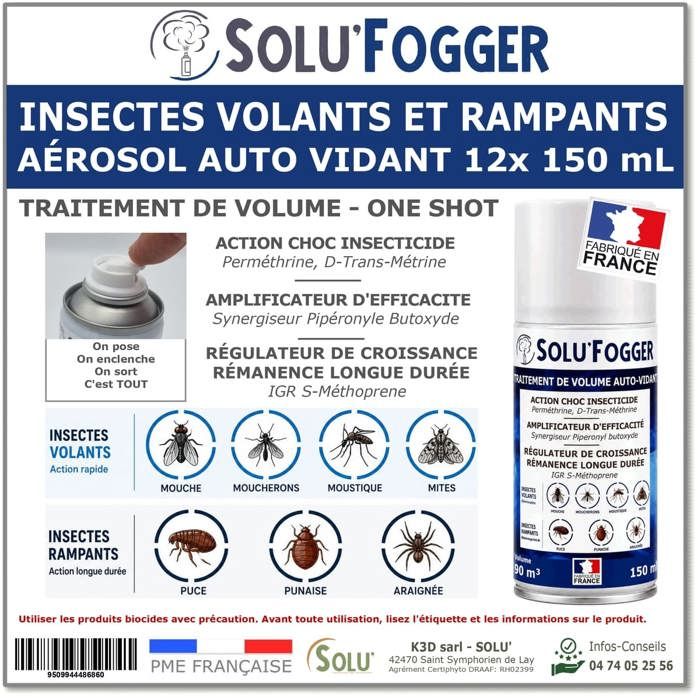 Diffuseur insectes rampants et volants - TOUT POUR LES NUISIBLES - Lot de 12 - Aérosols auto-vidants One Shot - 150 ml