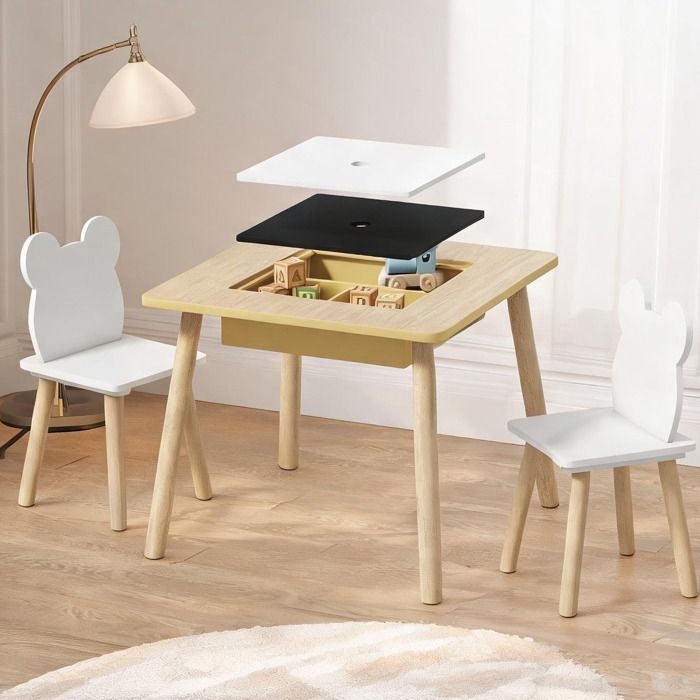 Ensemble table et 2 chaises enfant MDF avec plateau réversible ardoise/blanc et rangement