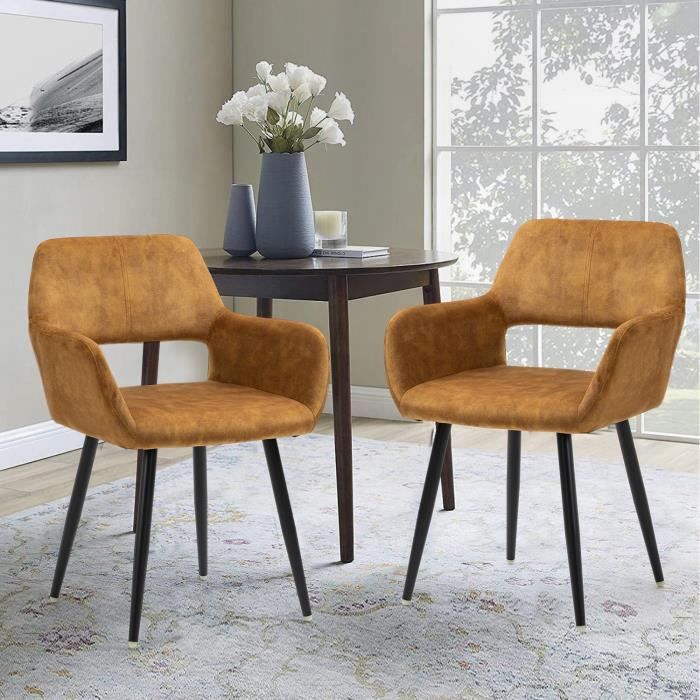 furnish1 lot de 2 fauteuils chaises salle a manger style scandinave velours couleur moutarde pieds en metal noir cdiscount maison