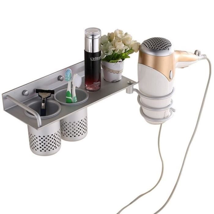 Mega-Deal Aluminium Support Mural de Sèche-Cheveux Antirouille Étagère avec 2 Tasses Titulaires pour Brosse à Dents