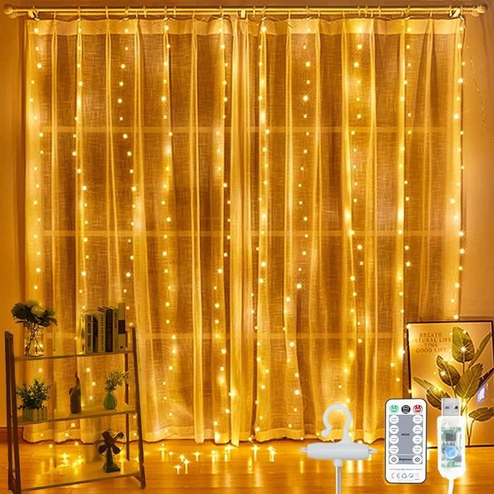 Rideau Lumineux, 3M*3M USB Guirlande Lumineuse 300 LED, 8 Modes d'Eclairage  Blanc Chaud, Decoration de Fenêtre, Noël, Mariage, A370 - Cdiscount Maison