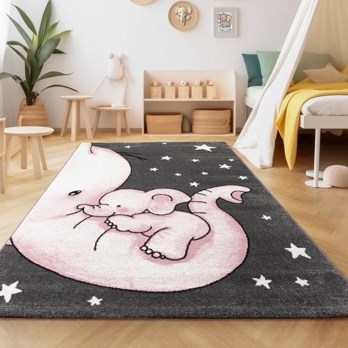 Tapis Enfant Elephant Star Motif Enfants Chambre Bebe Chambre Gris Rose Blanc 80x150 Cm Cdiscount Maison