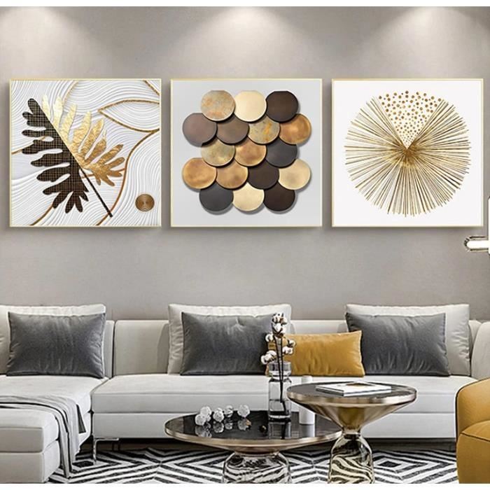 Tableau Mural Abstrait Avec Feuilles Dorées-Style Moderne-Impression Sur Toile-Décoration Unique-50x70cm-3 Pièces-sans Cadre - Maison