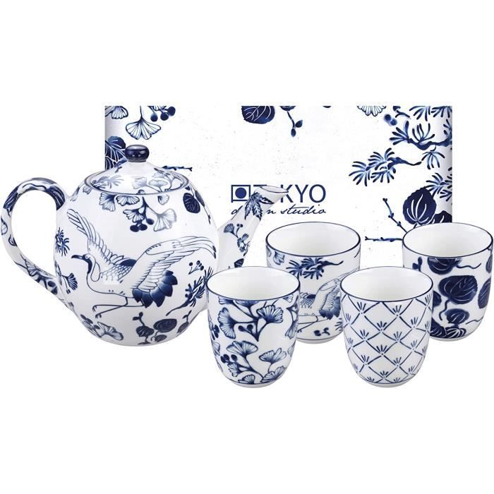 Service à Thé Japonais TOKYO Design Studio Set à Thé Flora Japonica 5 Pièces - Théière 1,25L Et 4 Tasses 170ML Bleu-Blanc Tokyo Design Studio Japonica
