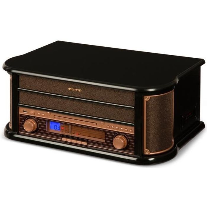 auna Belle Epoque 1908 Chaîne HiFi stéréo rétro complète avec platine vinyle USB , lecteur CD MP3 , tuner radio et K7 - Design bois