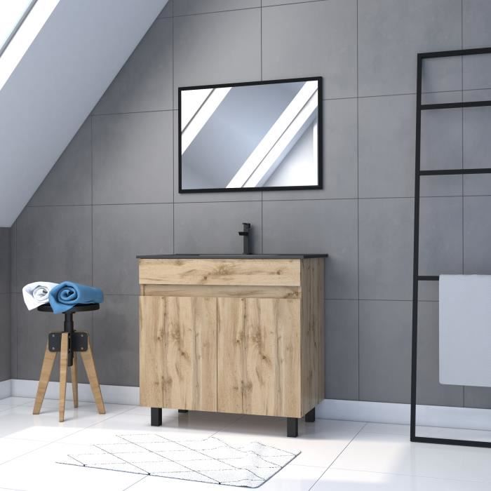Meuble salle de bain 80x80 cm - Finition chene naturel + vasque noire - TIMBER 80