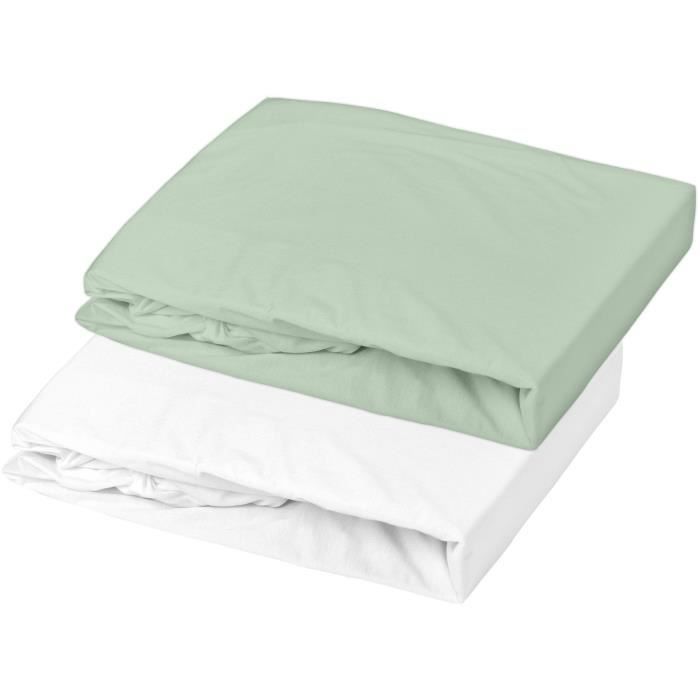 Lot de 2 draps housse en jersey - Blanc / Vert de Gris - 70 x 140 x 17 cm