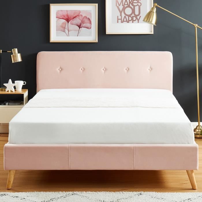 Lit Adulte Avec Tete De Lit Capitonnee En Velours Rose Sommier A