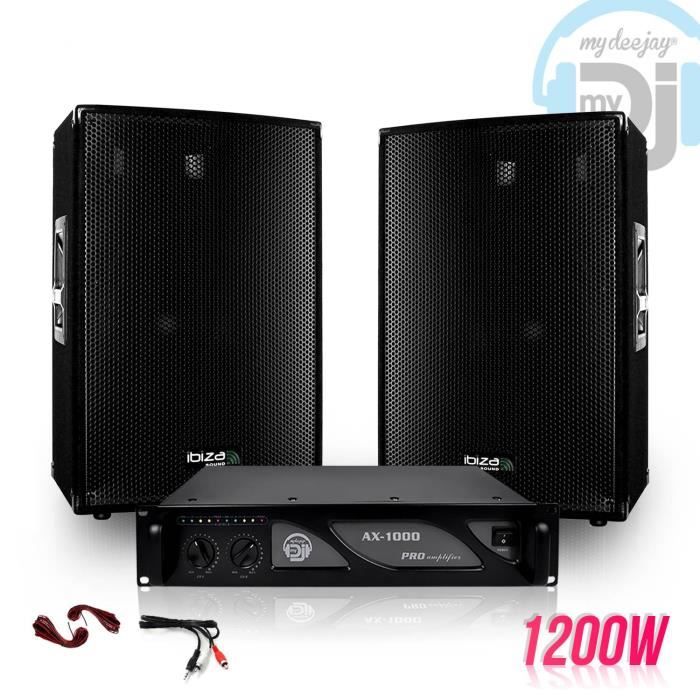Pack SONO DJ enceintes 1200W DISCO12 + Ampli MyDj 1000W + Câbles
