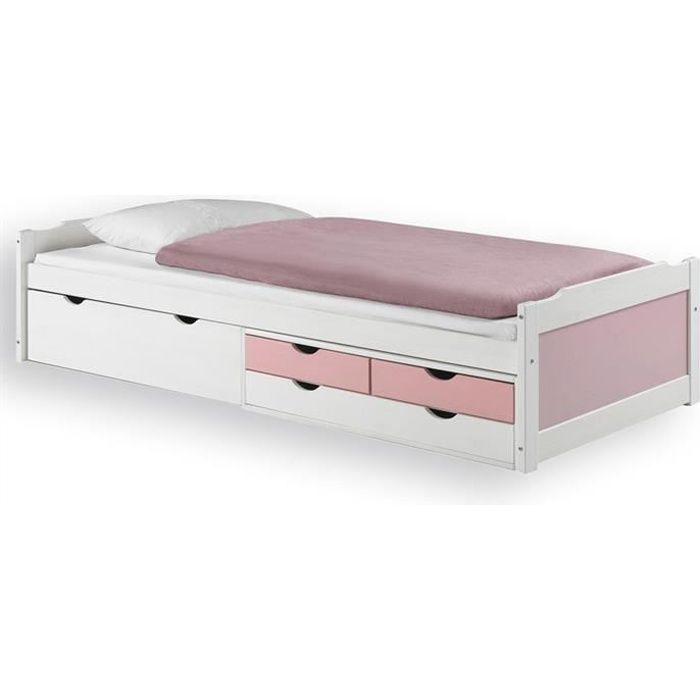 Lit fonctionnel rangements 90x200cm blanc rose Lit fonctionnel rangements 90x200cm blanc rose