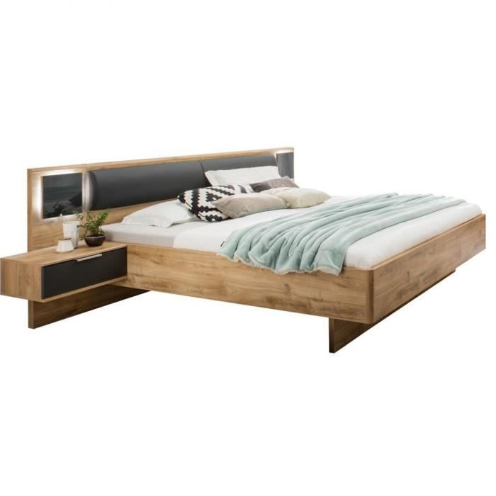 lit futon aurelia chêne poutre 160 x 200 cm + éclairage + chevets + coussin marron bois inside75