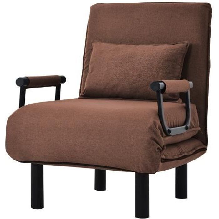 fauteuil chauffeuse canapé-lit convertible avec oreillers assise rembourrée 187*56*26 cm marron