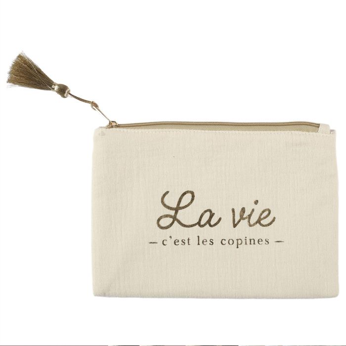Pochette WOMEN En Coton 20x15 Cm - Message "Merveilleuse Et Bien Plus Encore", Fermeture éclair Avec Pompon Doré - 3