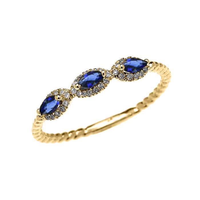Bague Femme 10 Ct Or Jaune 3 Pierre Marquise Bleu Saphir Et