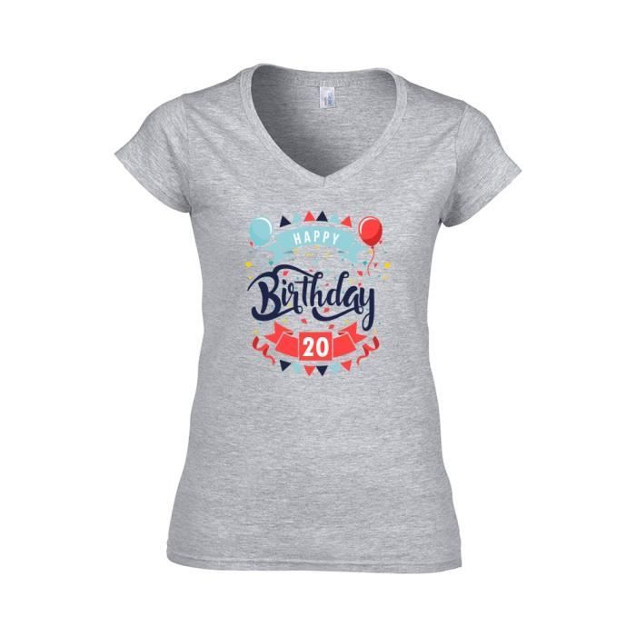 T shirt Femme col V anniversaire happy birthday 20 ans bleu m Bleu