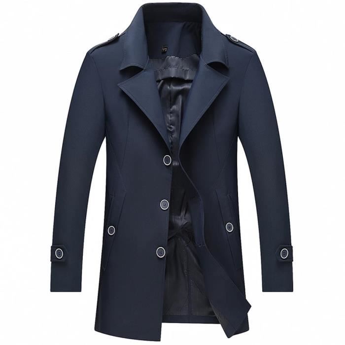 Trench Coat Homme Slim Fit Mi longue Manteau Classique de Printemps Couleur Unie Bleu marine