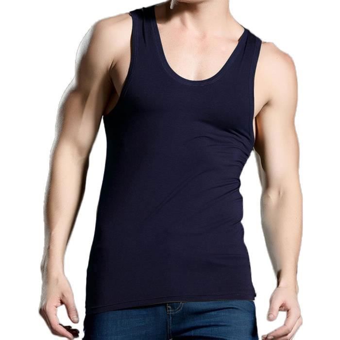 Débardeur Homme T-Shirt Sans Manche Maillot Stretch Coton Couleur Unie T-shirt Sport Col Rond - Bleu