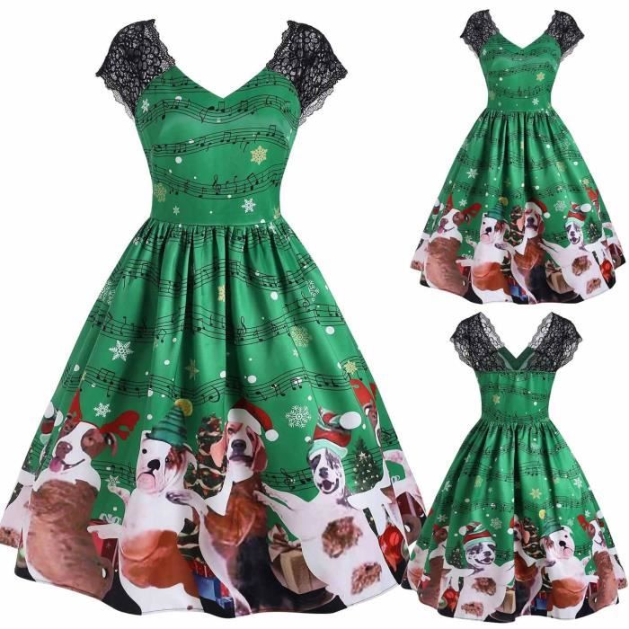 Robe de Noël vintage à manches courtes en dentelle avec motif bonhomme de neige