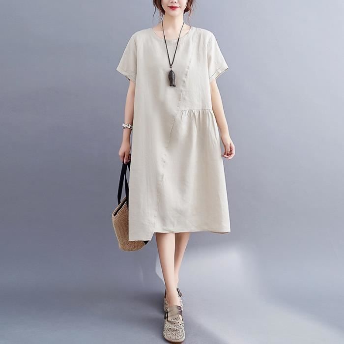 Robe en coton et lin Marque Modele Couleur unie ample Coutures artistiques Beige Tailles M Beige Cdiscount Pret a Porter