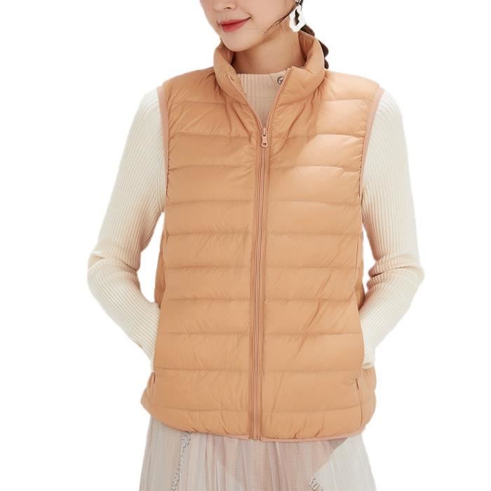 Femme Gilet sans Manche Legere Duvet a Col Montant Hiver Chaude Zippe Couleur Unie Elegant Gilet Matelasse avec Poches Orange Cdiscount Pret a Porter