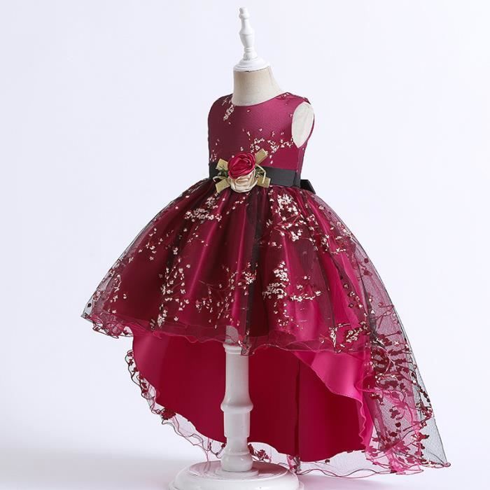 Robe Princesse Soiree Fille Sans Manches Robe de Ceremonie Tullle Elegant Pour Bal Mariage Rouge Enfant