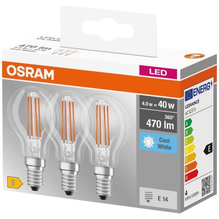 OSRAM Boite de 3 Ampoules LED clair sphérique E14 4W - Blanc froid