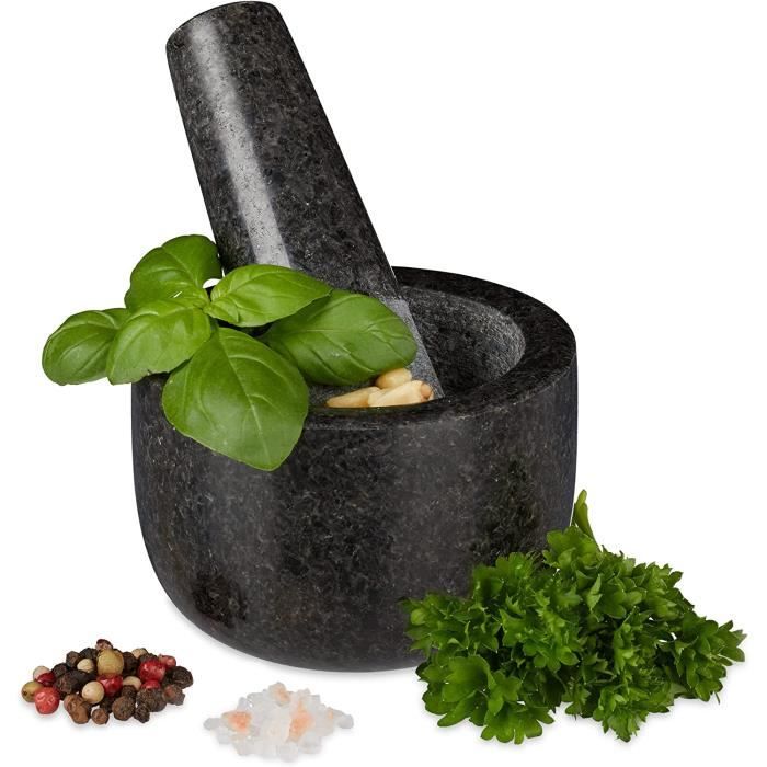 Mortier Et Pilon En Granit 750ml - Broyeur Épices Et Herbes Premium Relaxdays