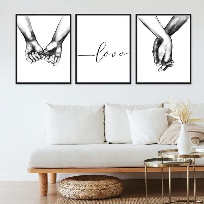 Set De 3 Affiches Main Dans La Main - Noir Et Blanc, Amour - Déco Murale Chambre Ou Salon