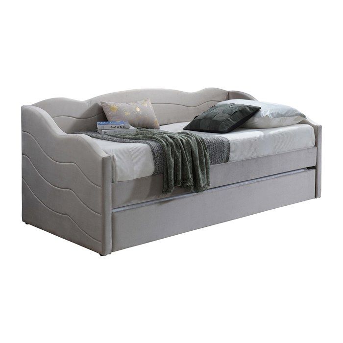 Lit banquette gigogne 2 x 90 x 190 cm - Velours - Taupe - LENVIA