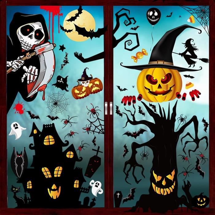 Lot 50 Autocollants Halloween Réutilisables – Citrouille, Chauve-souris, Fantôme, Chat, Château