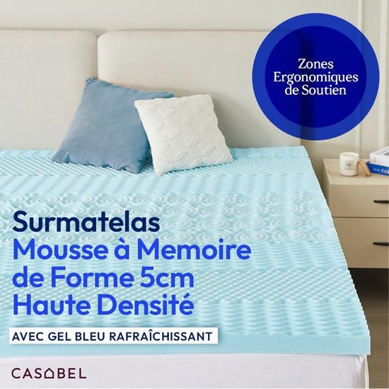 Surmatelas Mémoire De Forme 140x190 Cm - 5 Cm Épaisseur, Housse Bambou, 7 Zones Ergonomiques - Pour Matelas Trop Dur