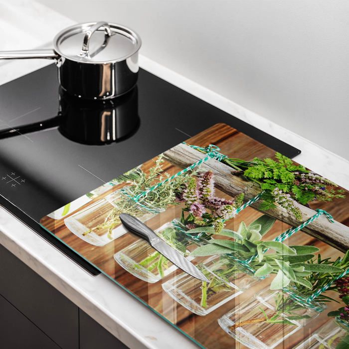 Planche De Cuisine En Verre Tulup – 60x52 Cm – Thème Plantes Aromatiques – Vert Moderne