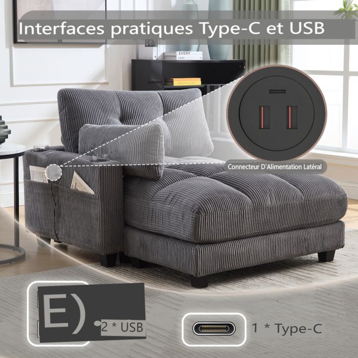 Canapé 1 Place Multifonction Avec Ports USB, Fauteuil Convertible En Lit, Rangement Intégré, Tissu Côtelé Confortable Pour Salon Et Chambre | Leroy Merlin