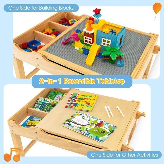 Table D'Activité Enfant Bois Massif Réglable - Avec 450 Blocs Construction - 2-en-1 Jeu/Apprentissage - 3 Ans+