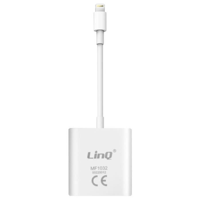 Adaptateur iPhone 2 en 1 Lightning vers Jack 3.5mm Audio + Lightning Charge  Plug and Play, LinQ - Blanc