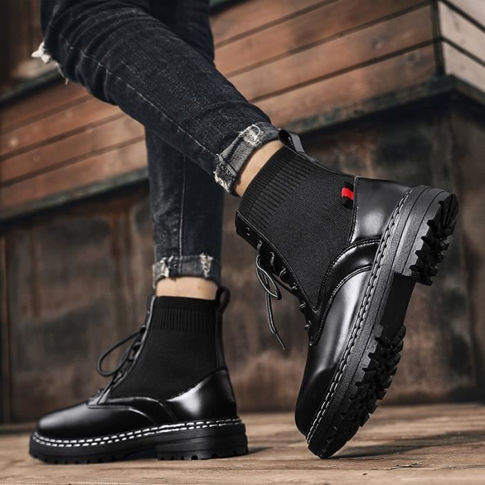 Bottes Martin en Cuir pour Homme Noir YH Hiver Respirantes et a Lacets
